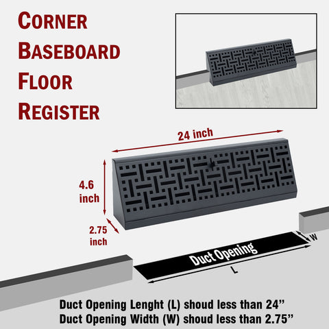 24" Corner Baseboard Register | Decorative Design | Black