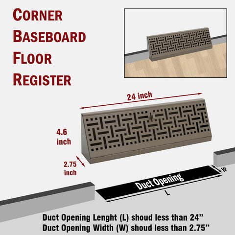 24" Corner Baseboard Register | Decorative Design | Brown