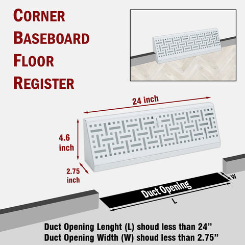 24" Corner Baseboard Register | Decorative Design | White