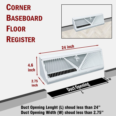 24" White Steel Corner Baseboard Register, Round Airflow Adjustable Vent Cover