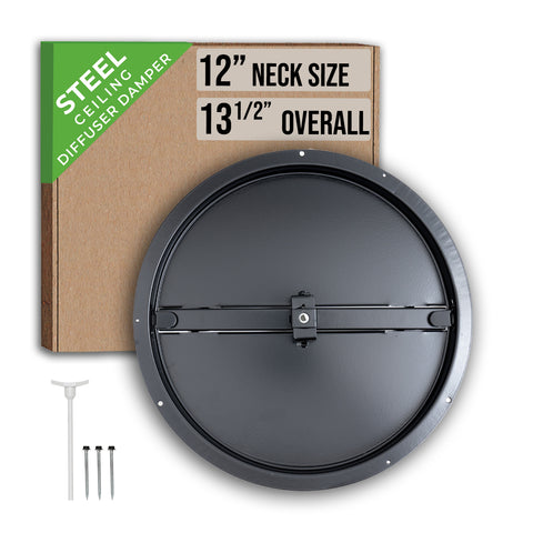 12" [Neck Size] Steel Butterfly Damper for Round Ceiling Air Supply Diffuser - Black | Outer Diameter: 13-1/2"