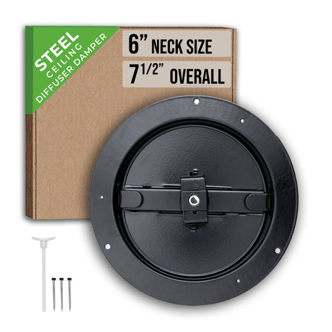 6" [Neck Size] Steel Butterfly Damper for Round Ceiling Air Supply Diffuser - Black | Outer Diameter: 7-1/2"