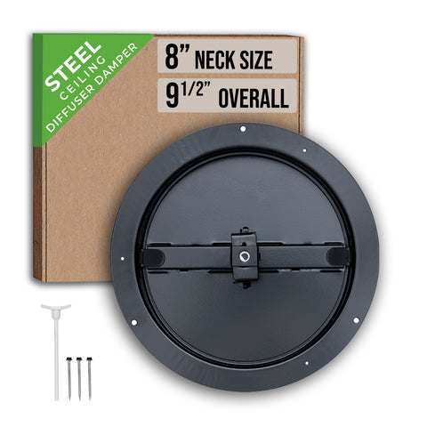 8" [Neck Size] Steel Butterfly Damper for Round Ceiling Air Supply Diffuser - Black | Outer Diameter: 9-1/2"