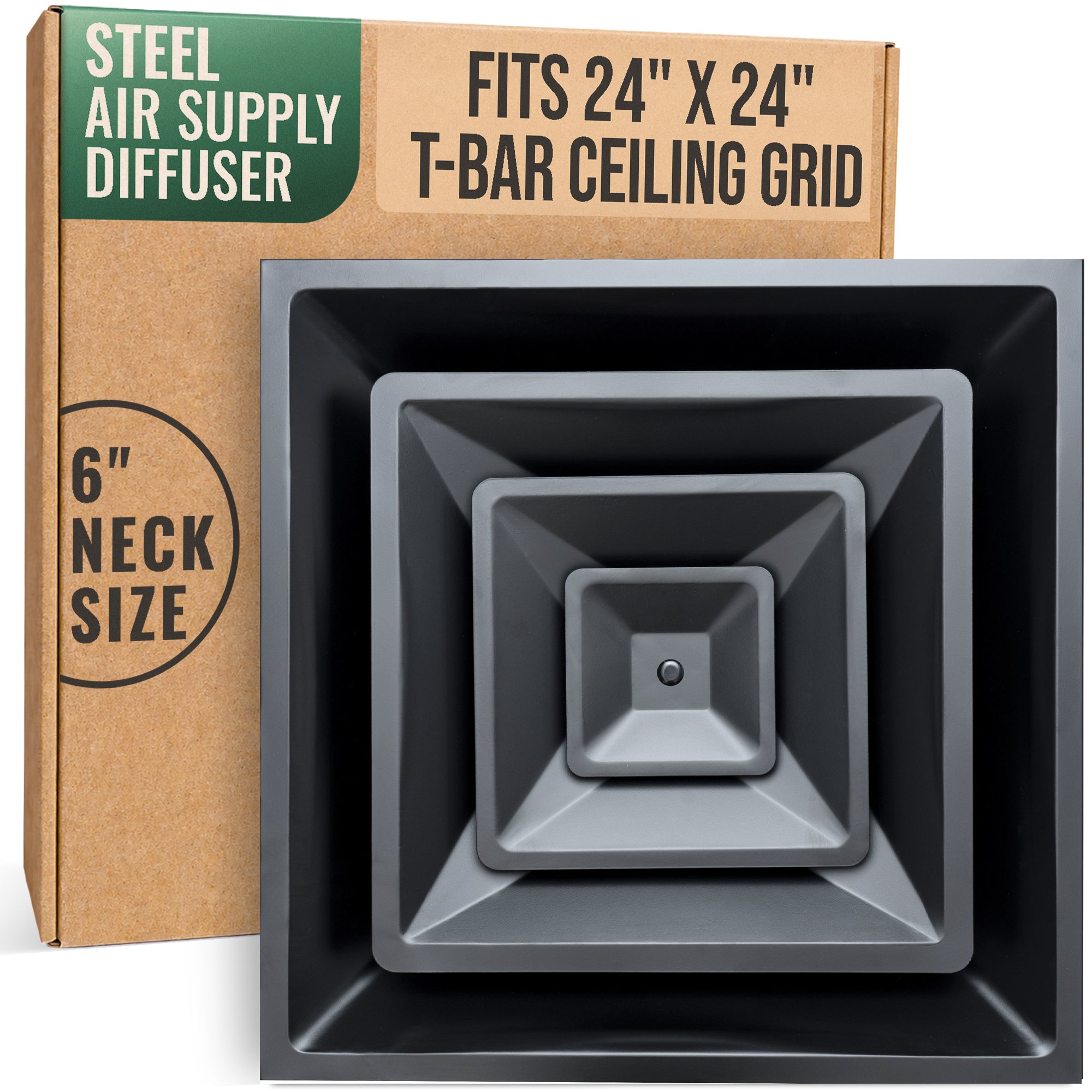 24 x 24-inch Black Steel T-bar cone diffuser, packaging