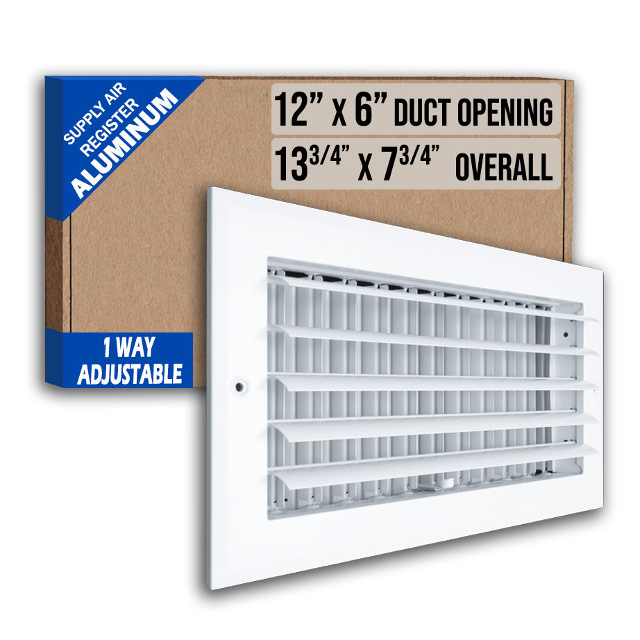 12 x 6-inch White Aluminum adjustable curved blade supply register, packaging
