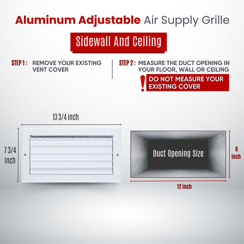 12x6 Aluminum 1-WAY Adjustable Air Supply Register for Sidewall and Ceiling | White | Outer Dimensions: 13-3/4"W X 7-3/4"H