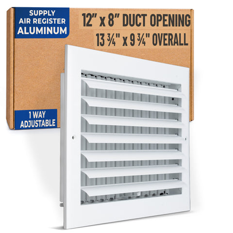 12 x 8-inch White Aluminum adjustable curved blade supply register, packaging
