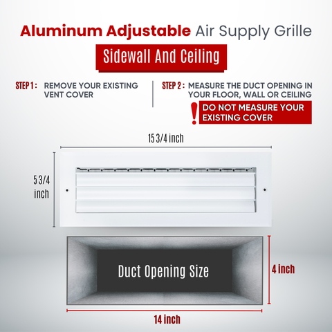 14"W x 4"H [Duct Opening] Aluminum 1-WAY Adjustable Air Supply Grille | Register Vent Cover Grill for Sidewall and Ceiling | White | Outer Dimensions: 15.75"W x 5.75"H