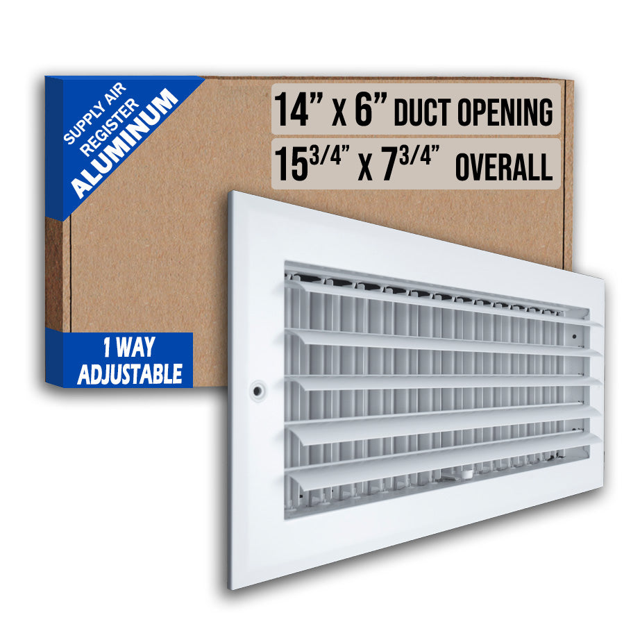 14 x 6-inch White Aluminum adjustable curved blade supply register, packaging