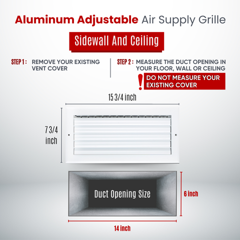 14"W x 6"H [Duct Opening] Aluminum 1-WAY Adjustable Air Supply Grille | Register Vent Cover Grill for Sidewall and Ceiling | White | Outer Dimensions: 15.75"W x 7.75"H