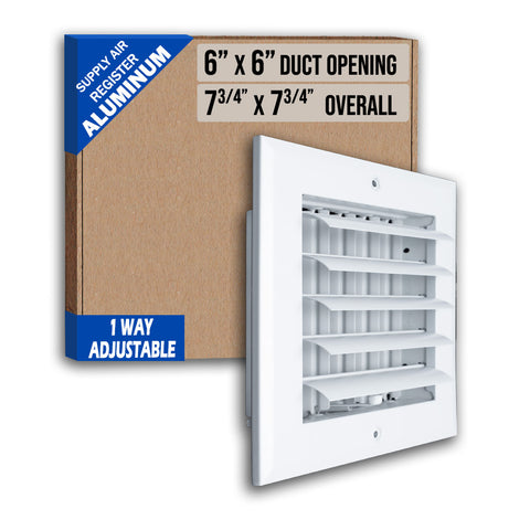 6 x 6-inch White Aluminum adjustable curved blade supply register, packaging