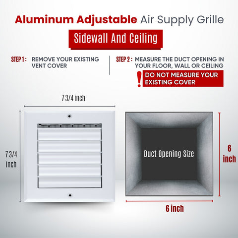 6x6 Aluminum 1-WAY Adjustable Air Supply Register for Sidewall and Ceiling | White | Outer Dimensions: 7-3/4"W X 7-3/4"H