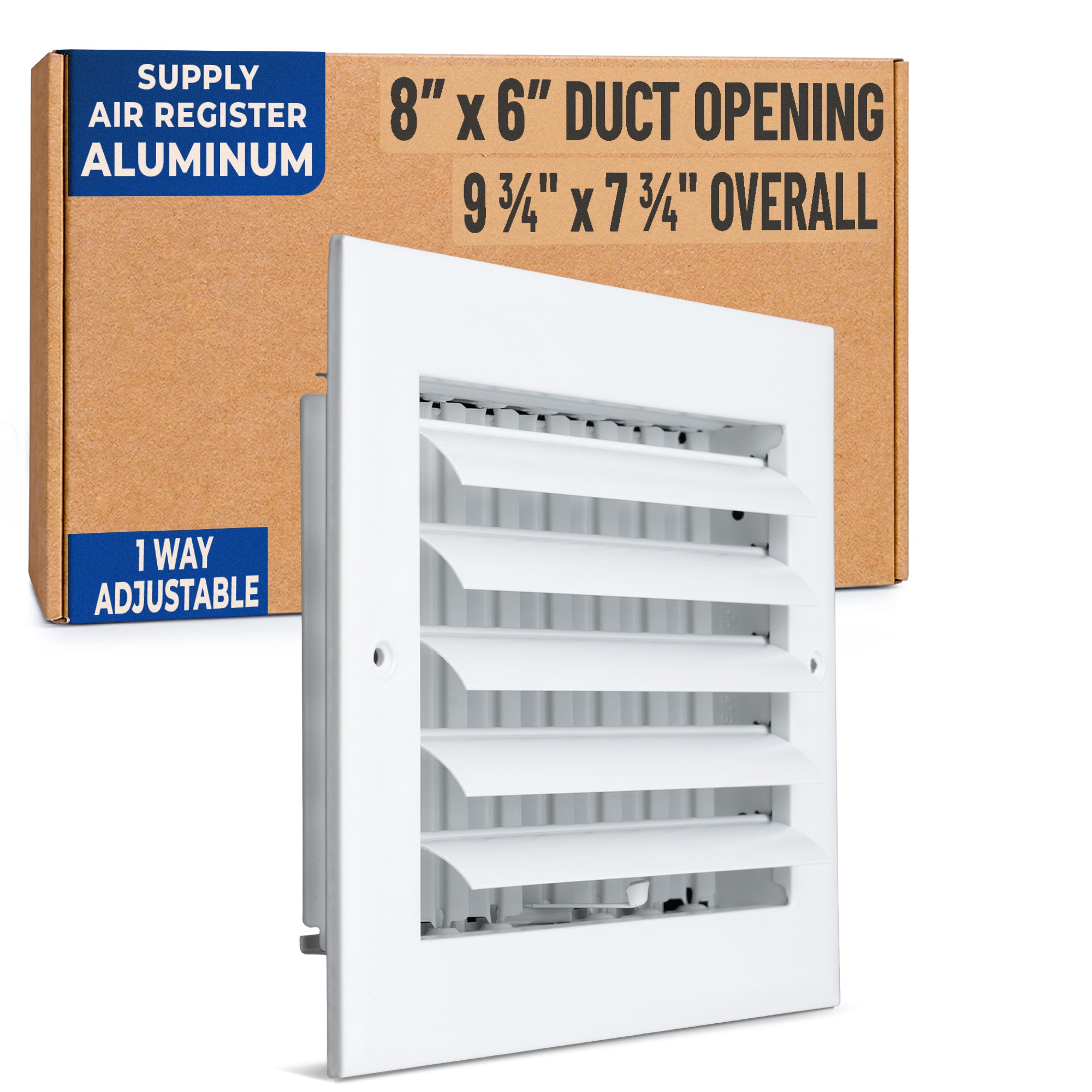 8 x 6-inch White Aluminum adjustable curved blade supply register, packaging