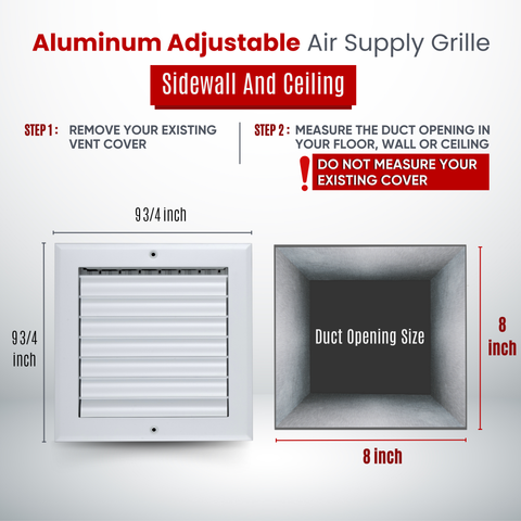 Handua Aluminum Adjustable Air Supply Grille | 1 WAY Register Vent Cover Grill for Sidewall and Ceiling