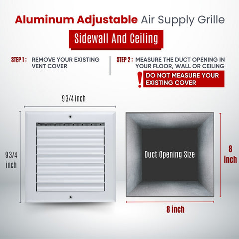 8"x8" 1-Way White Aluminum Adjustable Curved Blade Supply Register, Air Vent Cover with Damper for Sidewall Or Ceiling