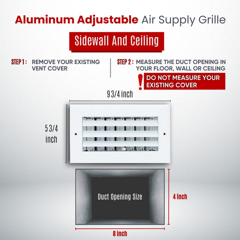 8"x4" 1-Way White Aluminum Adjustable Curved Blade Supply Register, Air Vent Cover with Damper for Sidewall Or Ceiling