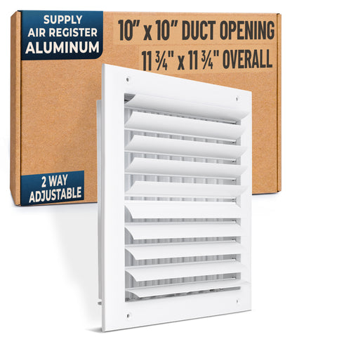 10 x 10-inch White Aluminum adjustable curved blade supply register, packaging