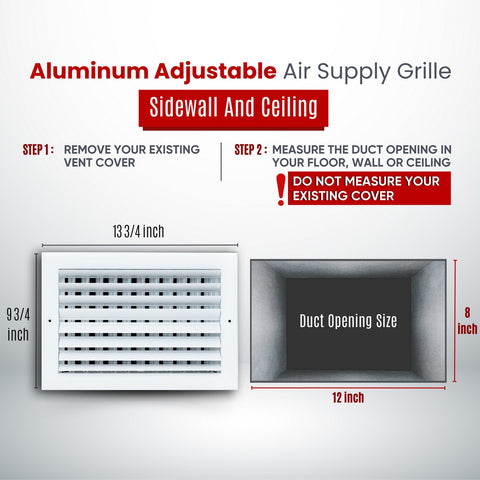12"x8" 2-Way White Aluminum Adjustable Curved Blade Supply Register, Air Vent Cover with Damper for Sidewall Or Ceiling
