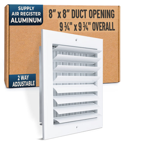 8 x 8-inch White Aluminum adjustable curved blade supply register, packaging
