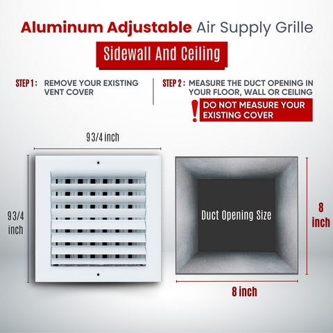 8"x8" 2-Way White Aluminum Adjustable Curved Blade Supply Register, Air Vent Cover with Damper for Sidewall Or Ceiling