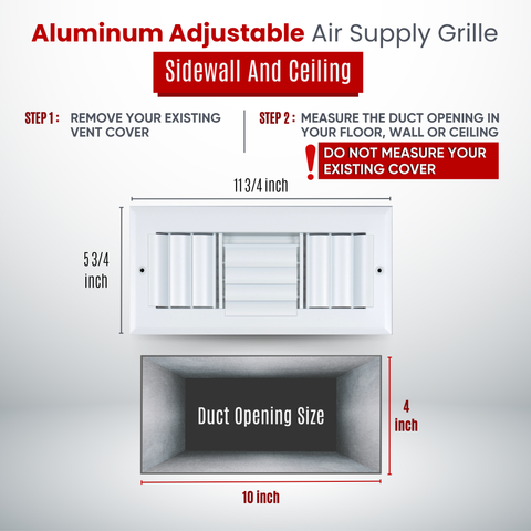 10"W x 4"H [Duct Opening] Aluminum 3-WAY Adjustable Air Supply Grille | Register Vent Cover Grill for Sidewall and Ceiling | White | Outer Dimensions: 11.75"W x 5.75"H