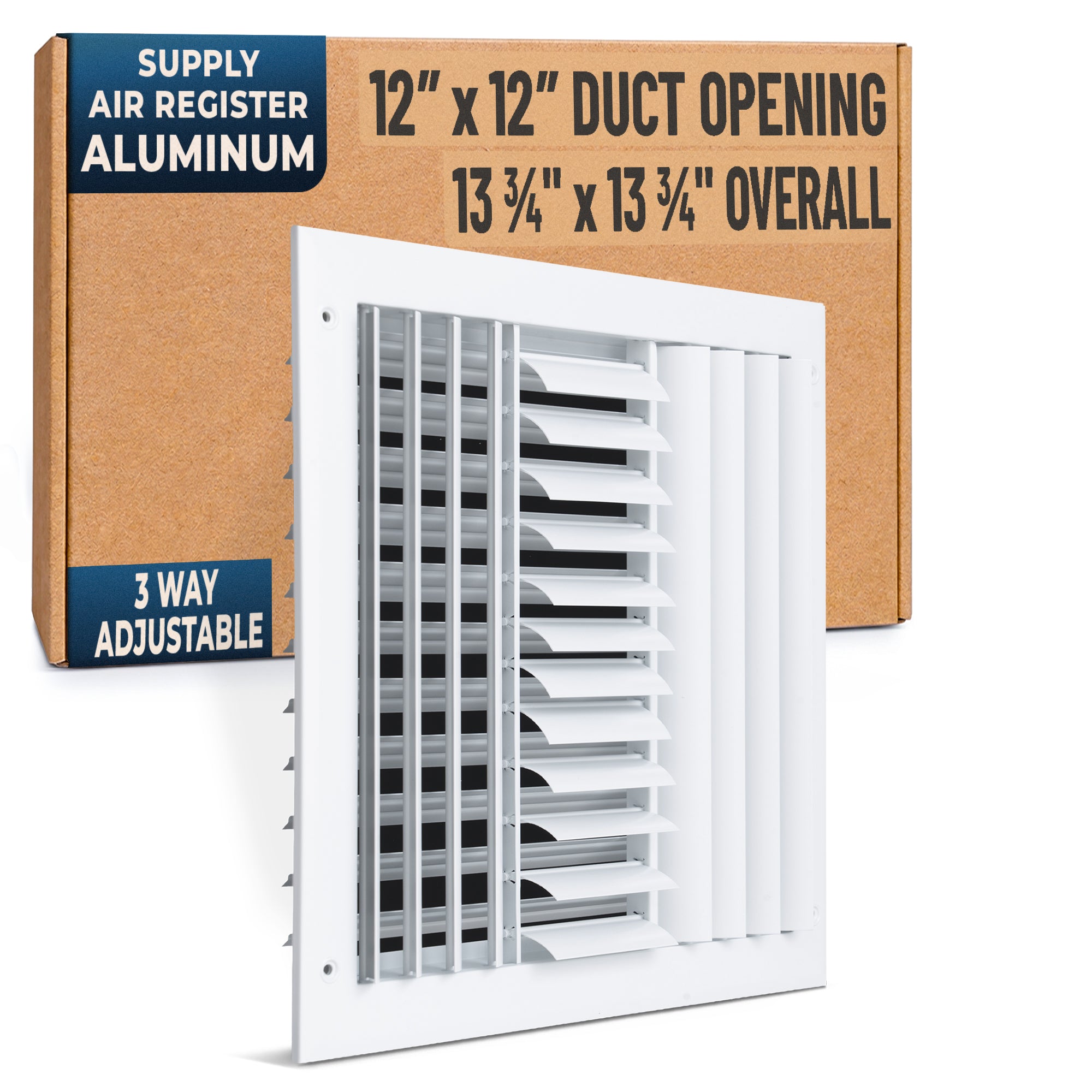 12 x 12-inch White Aluminum adjustable curved blade supply register, packaging