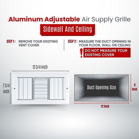 12x6 Aluminum 3-WAY Adjustable Air Supply Register for Sidewall and Ceiling | White | Outer Dimensions: 13-3/4"W X 7-3/4"H