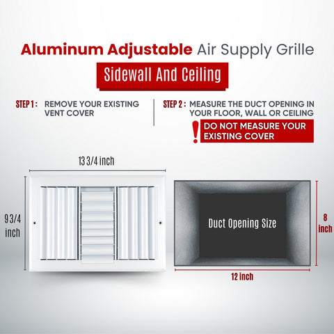 12"x8" 3-Way White Aluminum Adjustable Curved Blade Supply Register, Air Vent Cover with Damper for Sidewall Or Ceiling
