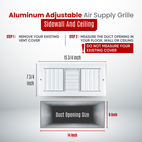 14"W x 6"H [Duct Opening] Aluminum 3-WAY Adjustable Air Supply Grille | Register Vent Cover Grill for Sidewall and Ceiling | White | Outer Dimensions: 15.75"W x 7.75"H