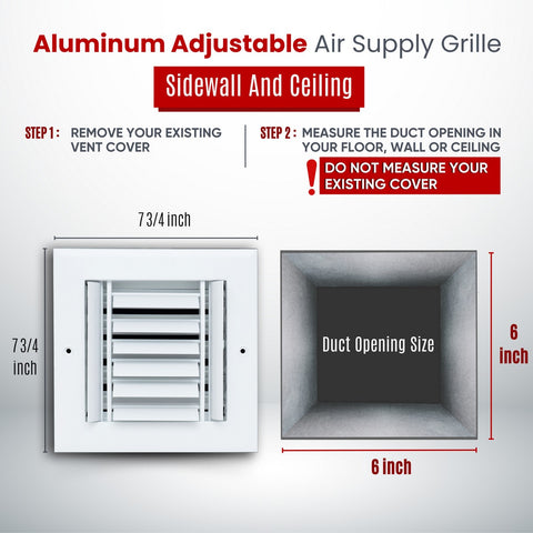 6"x6" 3-Way White Aluminum Adjustable Curved Blade Supply Register, Air Vent Cover with Damper for Sidewall Or Ceiling