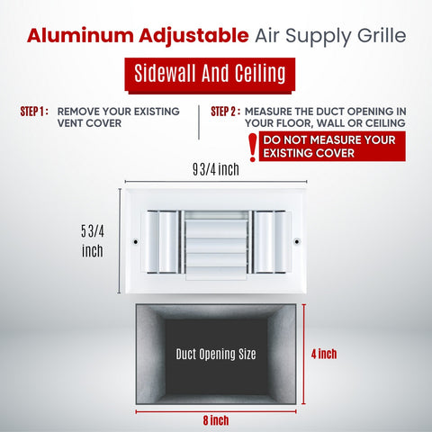 8x4 Aluminum 3-WAY Adjustable Air Supply Register for Sidewall and Ceiling | White | Outer Dimensions: 9-3/4"W X 5-3/4"H