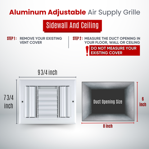 8"W x 6"H [Duct Opening] Aluminum 3-WAY Adjustable Air Supply Grille | Register Vent Cover Grill for Sidewall and Ceiling | White | Outer Dimensions: 9.75"W x 7.75"H