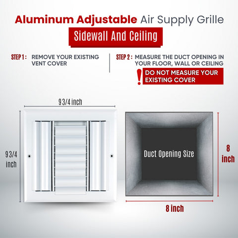 8"x8" 3-Way White Aluminum Adjustable Curved Blade Supply Register, Air Vent Cover with Damper for Sidewall Or Ceiling