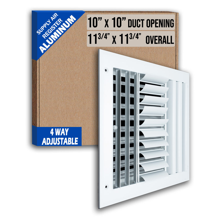 10 x 10-inch White Aluminum adjustable curved blade supply register, packaging