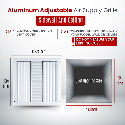 14"W x 14"H [Duct Opening] Aluminum 4-WAY Adjustable Air Supply Grille | Register Vent Cover Grill for Sidewall and Ceiling | White | Outer Dimensions: 15.75"W x 15.75"H