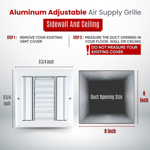 8"x8" 4-Way White Aluminum Adjustable Curved Blade Supply Register, Air Vent Cover with Damper for Sidewall Or Ceiling