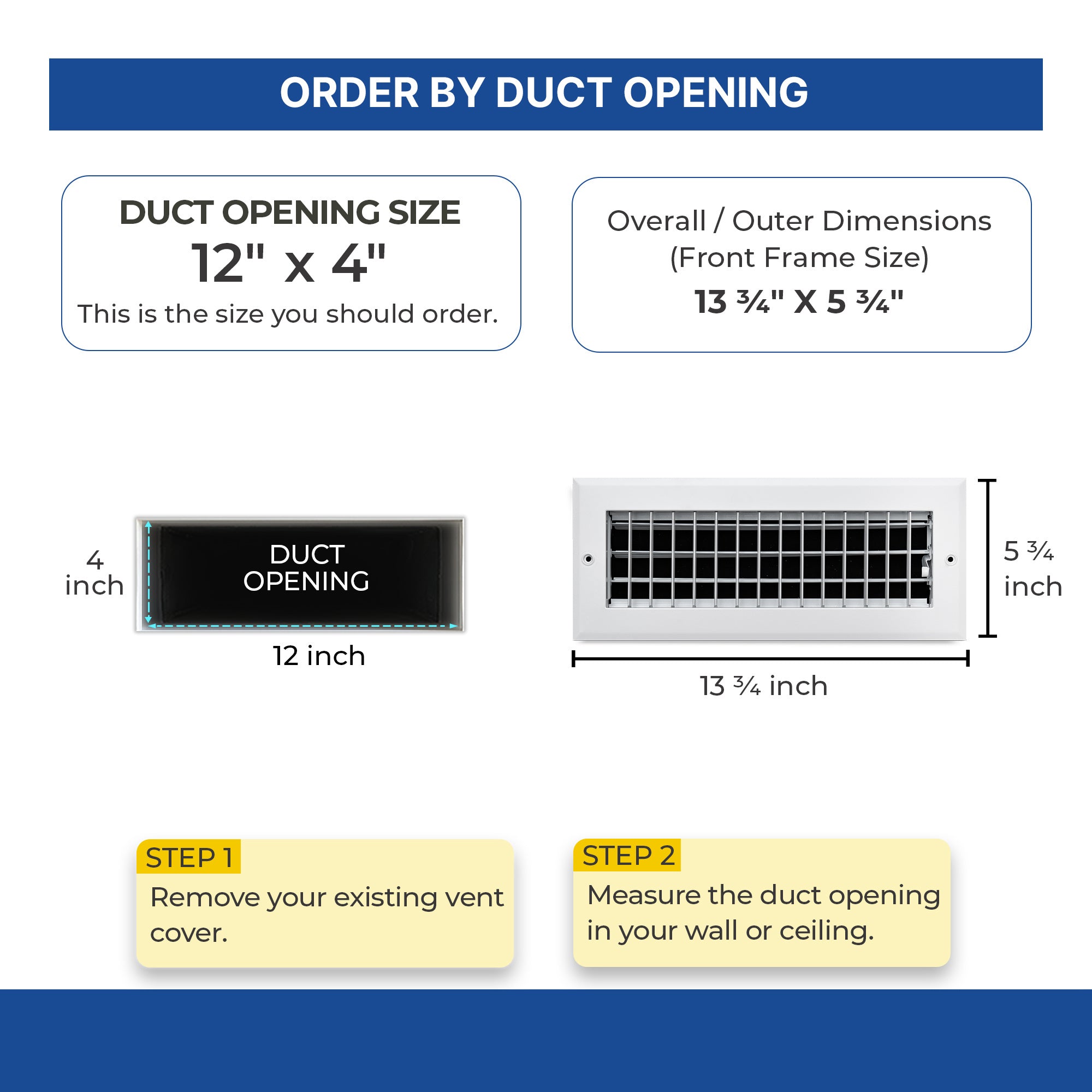 12 x 4-inch White Aluminum adjustable supply register, dimensions