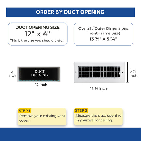 12 x 4-inch White Aluminum adjustable supply register, dimensions