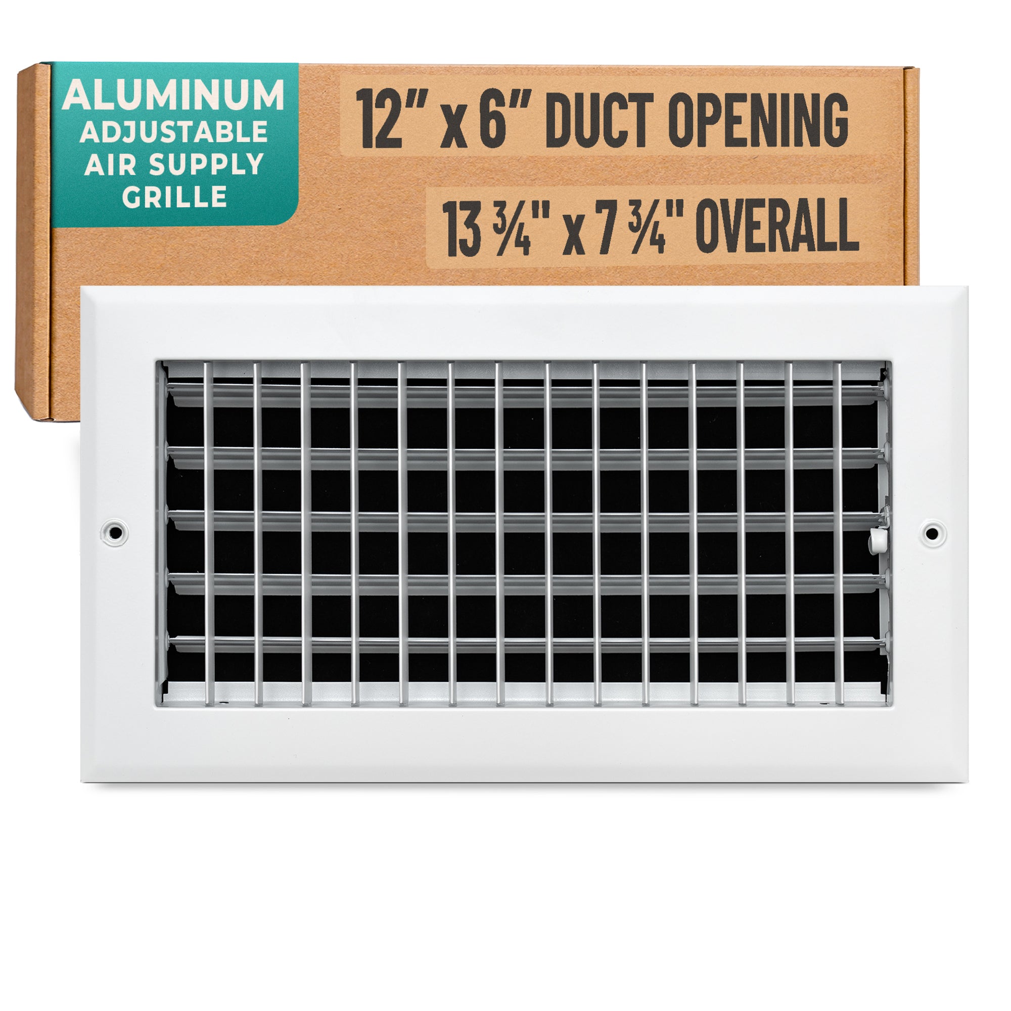 12 x 6-inch White Aluminum adjustable supply register, packaging