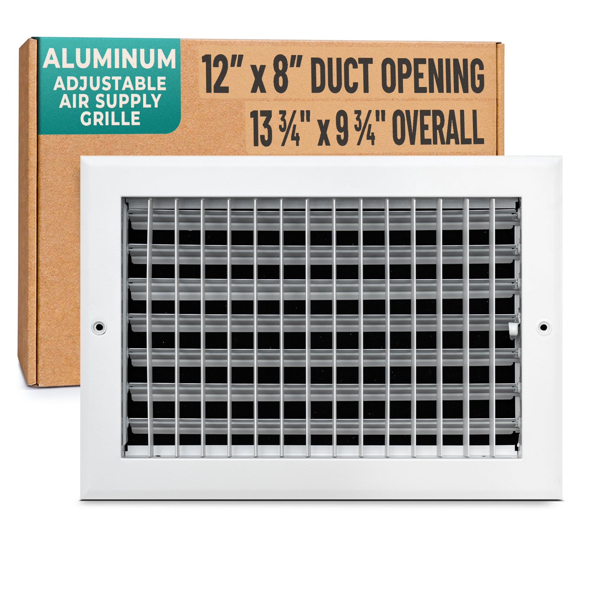 12 x 8-inch White Aluminum adjustable supply register, packaging