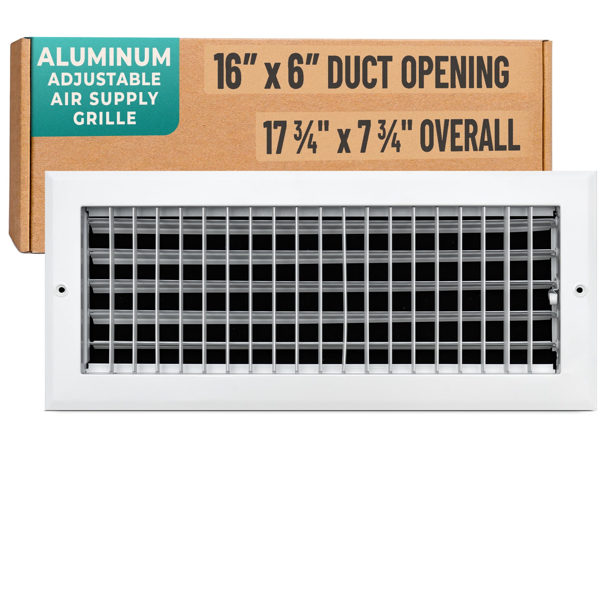 16 x 6-inch White Aluminum adjustable supply register, packaging