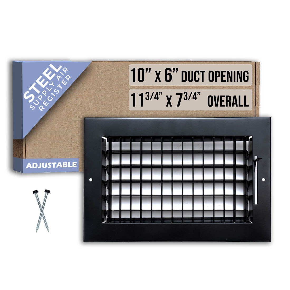 10 x 6-inch Black Steel adjustable supply register, packaging