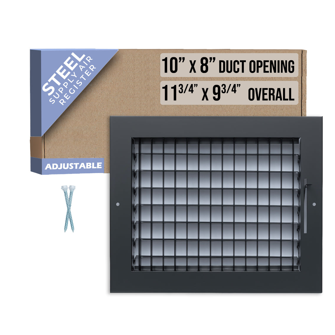 10 x 8-inch Black Steel adjustable supply register, packaging