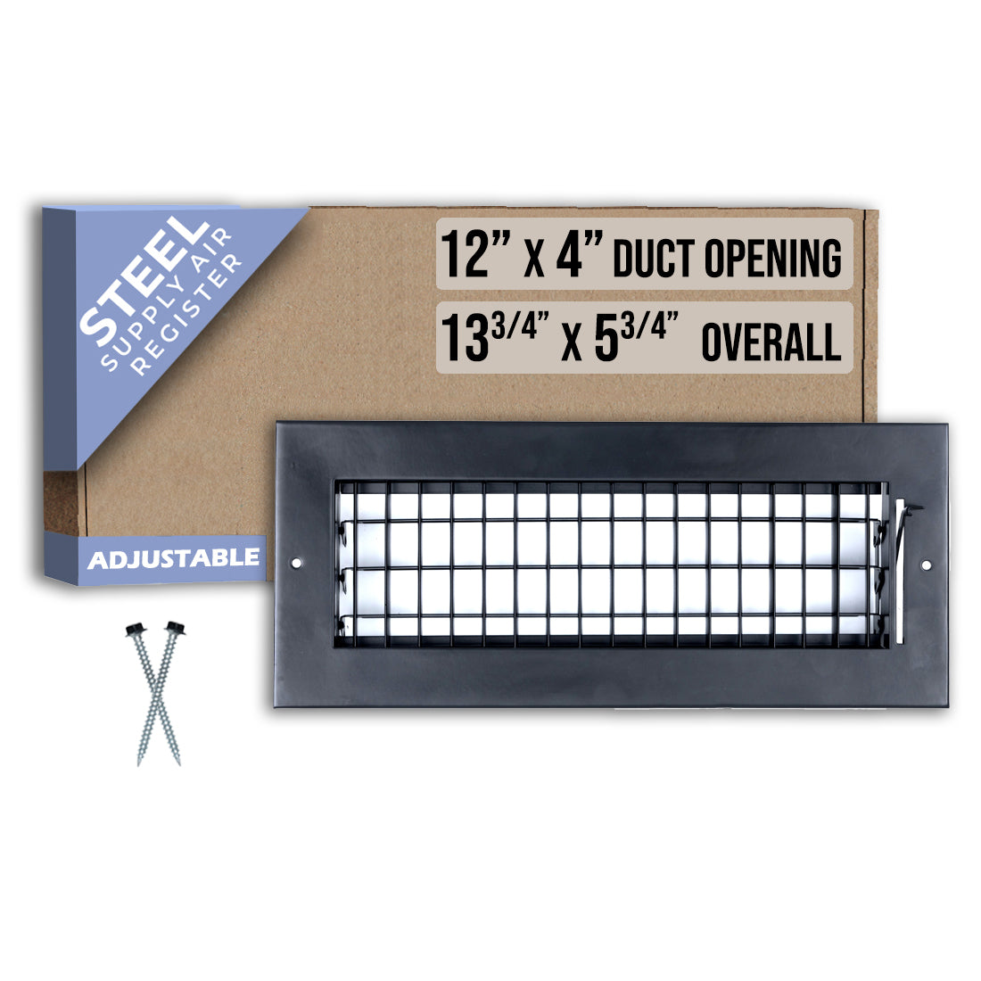 12 x 4-inch Black Steel adjustable supply register, packaging