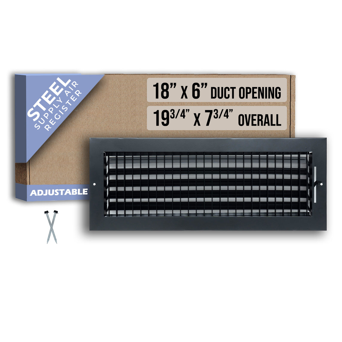 18 x 6-inch Black Steel adjustable supply register, packaging