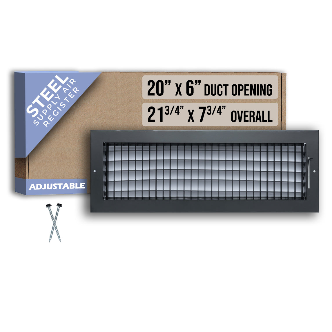 20 x 6-inch Black Steel adjustable supply register, packaging
