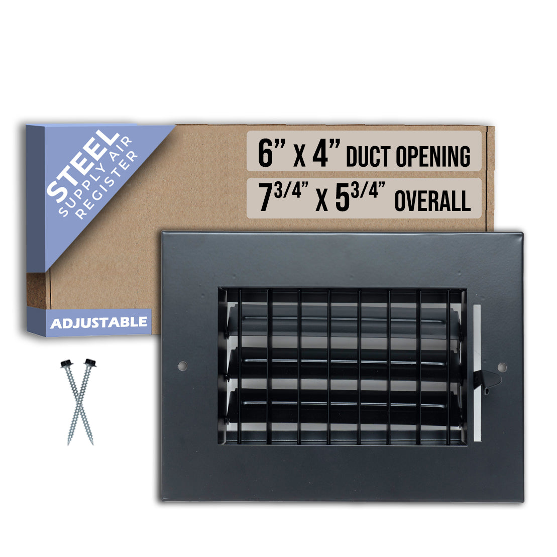 6 x 4-inch Black Steel adjustable supply register, packaging