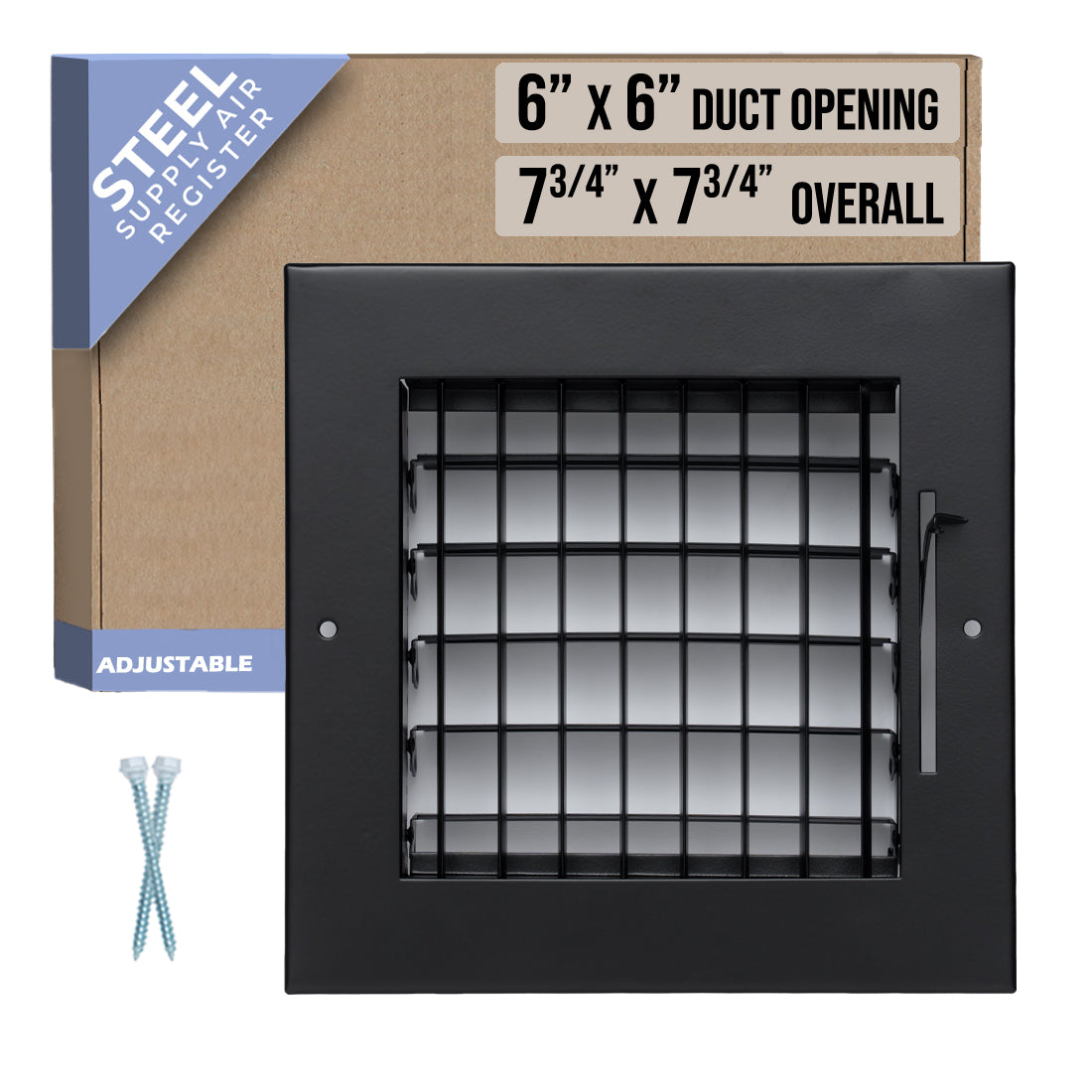 6 x 6-inch Black Steel adjustable supply register, packaging