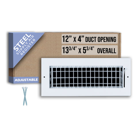 12 x 4-inch White Steel adjustable supply register, packaging