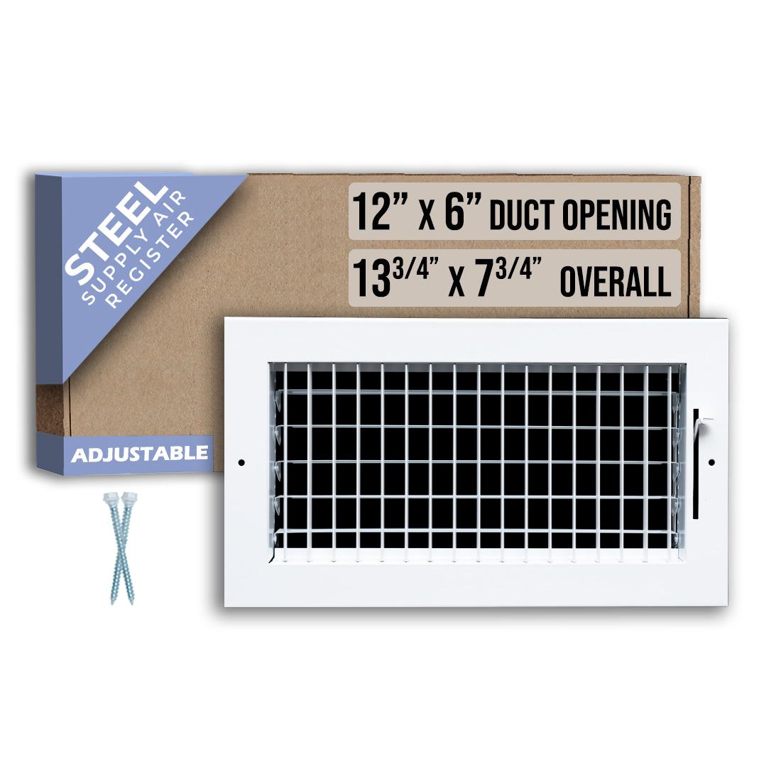12 x 6-inch White Steel adjustable supply register, packaging
